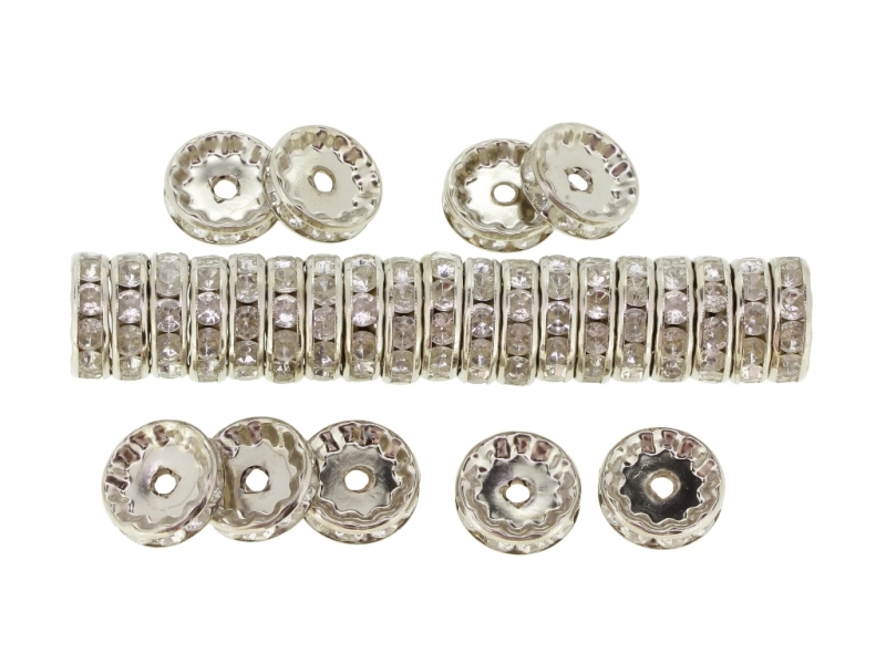 METAL ELEMENTS - RHINESTONE RONDELLE CRYSTAL ROUND LOOSE SPACER BEADS 01 - 12mm NICKEL COLOR WITH WHITE - 200pcs. Hole-2.2mm