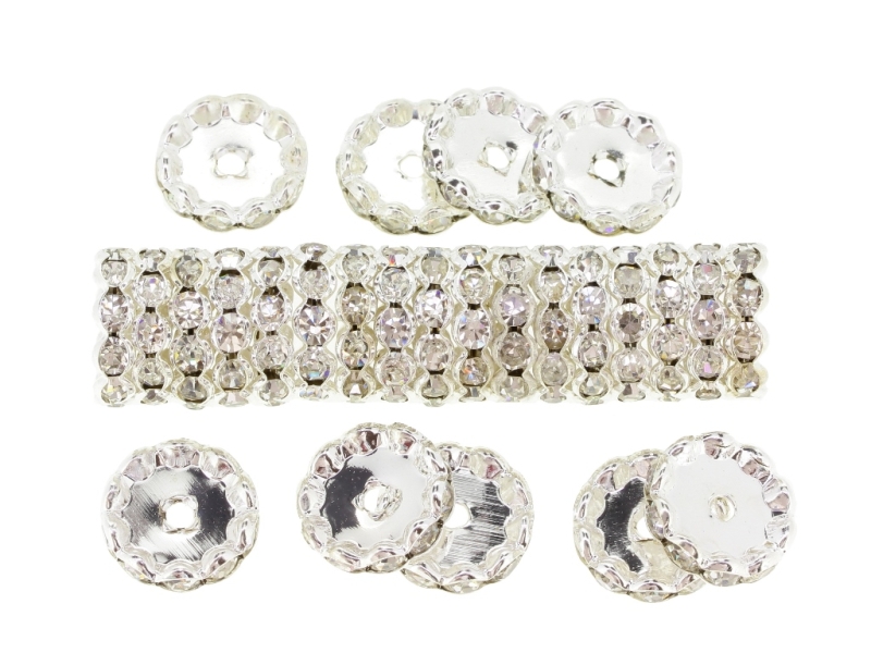 METAL ELEMENTS - RHINESTONE RONDELLE CRYSTAL ROUND LOOSE SPACER BEADS 02 - 15mm SILVER COLOR WITH WHITE - 20pcs. Hole-2.5mm