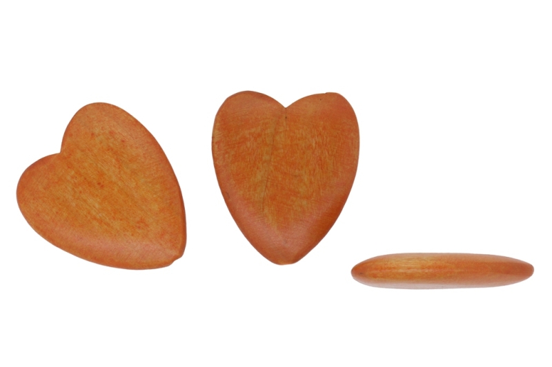 WOODEN BEADS - HEART SHAPED - 43х37х8 MM ORANGE (DARK) - 50 PCS Hole:3.0mm