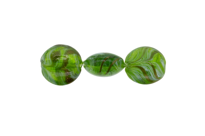 GLASS BEADS - MURANO STYLE - BONIBON WITH STRIPES - TRANSPARENT - 20х10mm GREEN-WHITE-GOLD - 60pcs. Hole:1.5mm