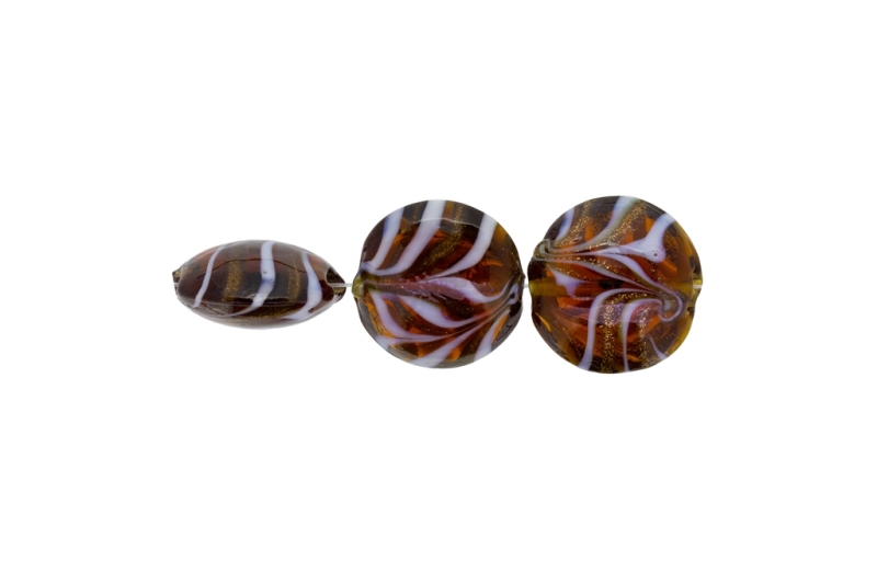 GLASS BEADS - MURANO STYLE - BONIBON WITH STRIPES - TRANSPARENT - 20х10mm BROWN (DARK)-WHITE-GOLD - 60pcs. Hole:1.5mm