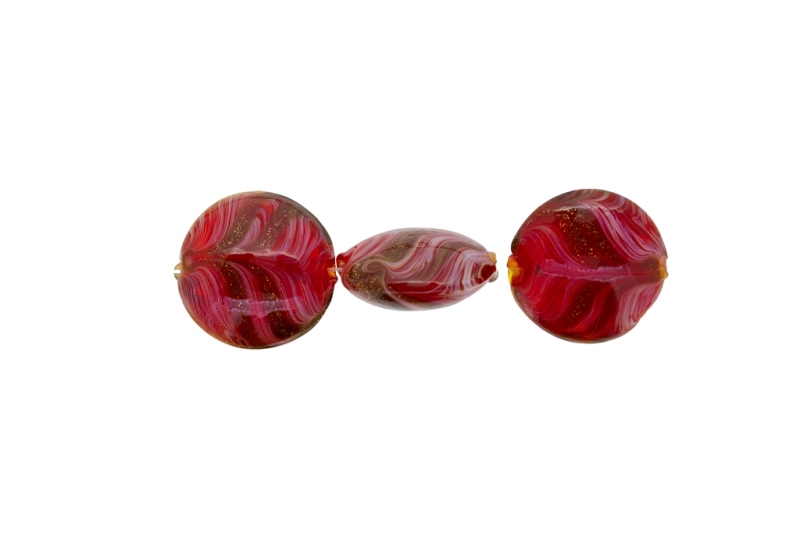 GLASS BEADS - MURANO STYLE - BONIBON WITH STRIPES - TRANSPARENT - 20х10mm RED-WHITE-GOLD - 60pcs. Hole:1.5mm