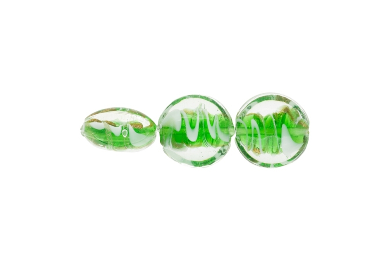 GLASS BEADS - MURANO STYLE - BONIBON WITH STRIPES 02 - TRANSPARENT - 20х10mm GREEN-WHITE-GOLD - 60pcs. Hole:1.5mm