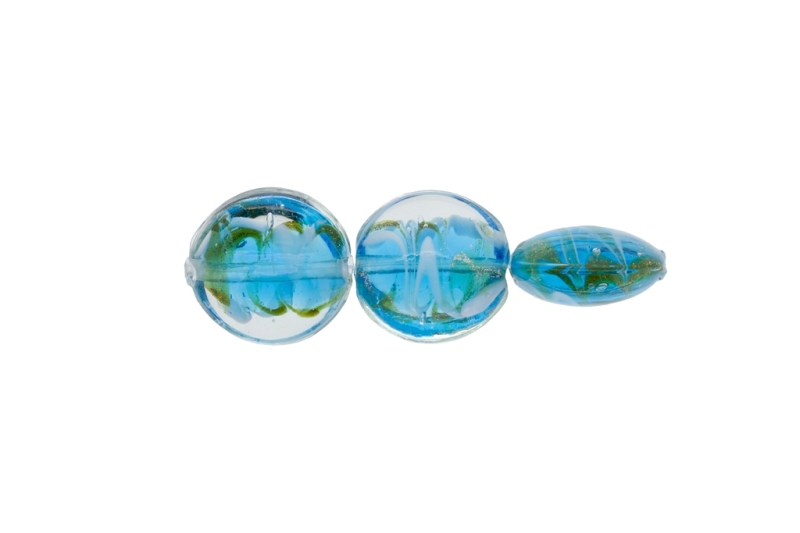 GLASS BEADS - MURANO STYLE - BONIBON WITH STRIPES 02 - TRANSPARENT - 20х10mm TURQUOISE BLUE -WHITE-GOLD - 60pcs. Hole:1.5mm