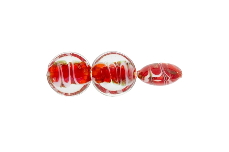 GLASS BEADS - MURANO STYLE - BONIBON WITH STRIPES 02 - TRANSPARENT - 20х10mm RED-WHITE-GOLD - 60pcs. Hole:1.5mm