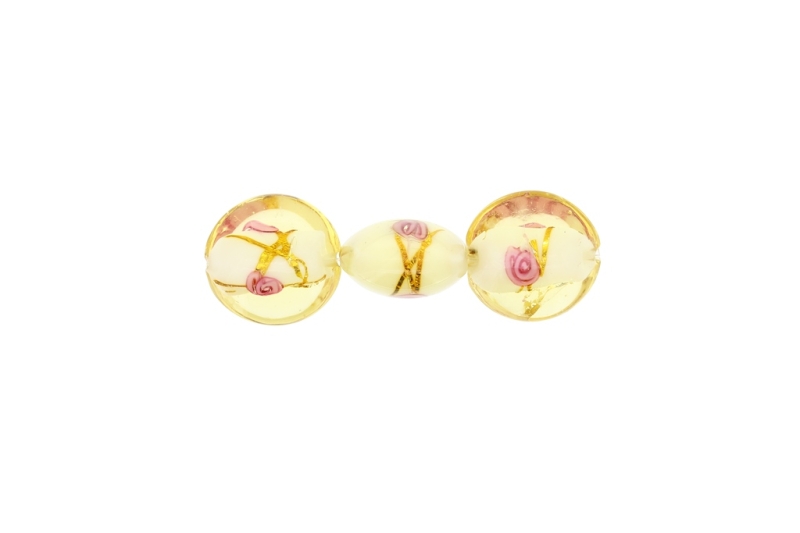 GLASS BEADS - MURANO STYLE - BONIBON WITH WHITE FILLING AND SPOTS 02 - 20х10mm AMBER-PINK-SILVER - 60pcs. Hole:1.5mm