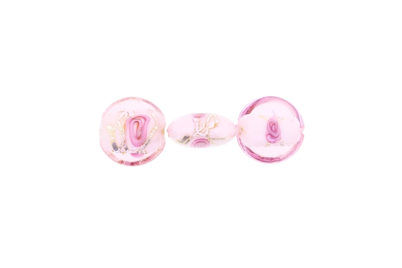 GLASS BEADS - MURANO STYLE - BONIBON WITH WHITE FILLING AND SPOTS 02 - 20х10mm PINK-PINK-SILVER - 60pcs. Hole:1.5mm