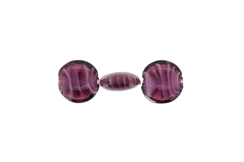 GLASS BEADS - MURANO STYLE - BONIBON WITH SPIRAL FILLING - 20х10mm CYCLAMEN (DARK) AND WHITE - 60pcs. Hole:1.5mm