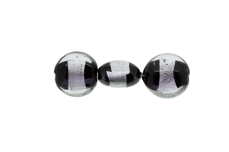 GLASS BEADS - MURANO STYLE - BONIBON WITH SILVER FILLING 02 - 20х10mm WHITE-SILVER-BLACK - 60pcs. Hole:1.5mm