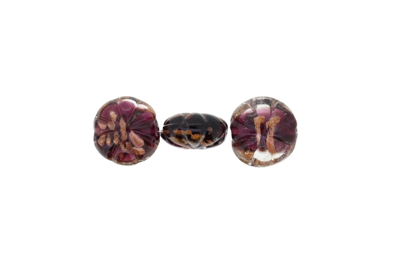 GLASS BEADS - MURANO STYLE - BONIBON WITH RELIEF ROSETTE - COLORFUL FILLING - 20х10mm WHITE-PURPLE-COPPER (LIGHT) - 60pcs. Hole:1.5mm