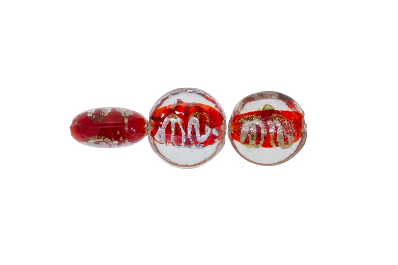 GLASS BEADS - MURANO STYLE - BONIBON WITH SILVER SPOTS - 20х10mm WHITE-RED-SILVER - 60pcs. Hole:1.5mm