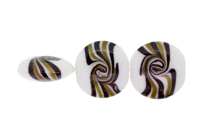 GLASS BEADS - MURANO STYLE - BONIBON WITH SPIRAL - OPAQUE - 29х13mm WHITE-GOLDEN-BROWN - 30pcs. Hole:1.5mm