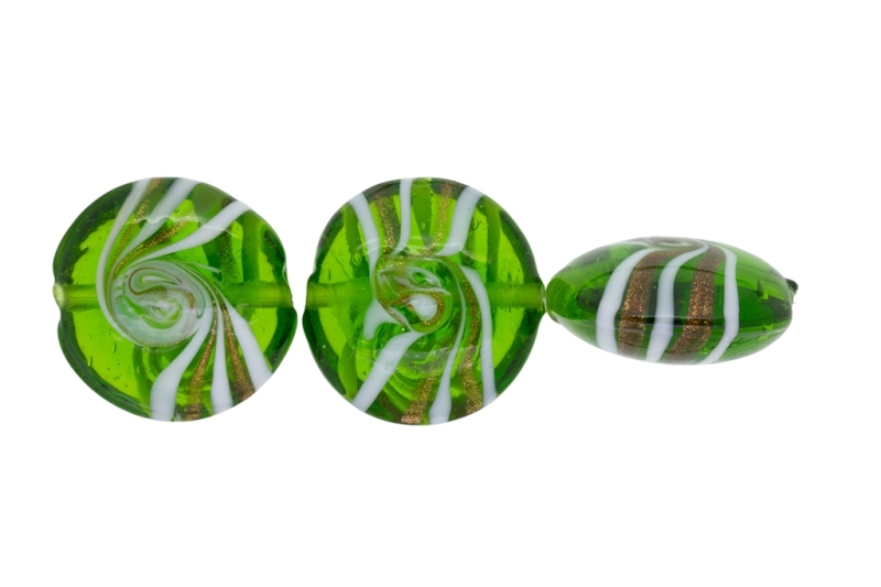 GLASS BEADS - MURANO STYLE - BONIBON WITH SPIRAL - TRANSPARENT - 29х13mm GREEN-WHITE-GOLD - 30pcs. Hole:1.5mm