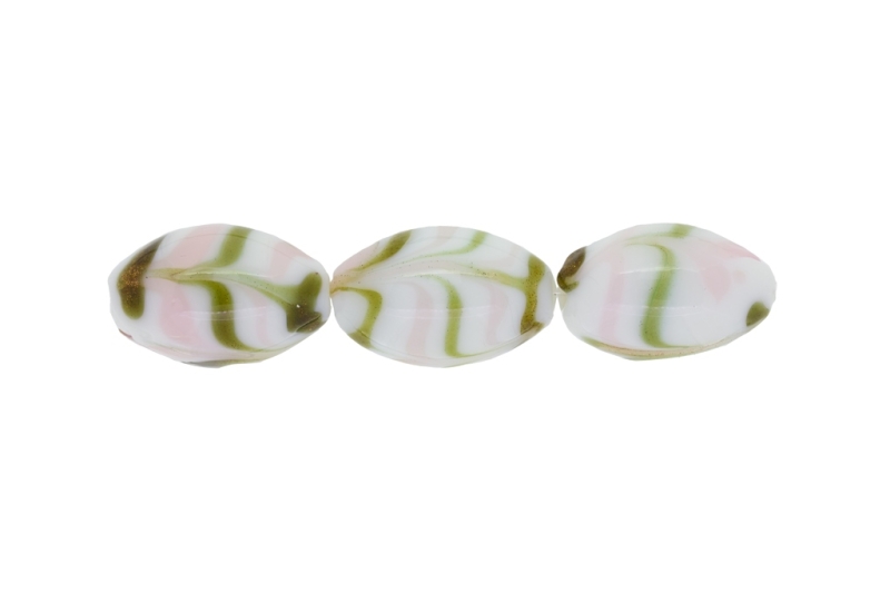 GLASS BEADS - MURANO STYLE - ELLIPSE WITH STRIPES - OPAQUE - 24х16mm WHITE-PINK-GOLD - 48pcs. Hole:1.5mm