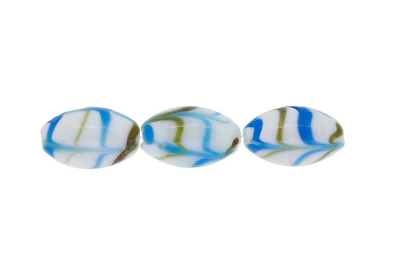 GLASS BEADS - MURANO STYLE - ELLIPSE WITH STRIPES - OPAQUE - 24х16mm WHITE-BLUE AND GOLD - 48pcs. Hole:1.5mm