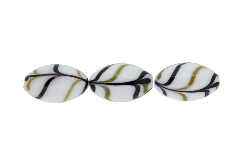 GLASS BEADS - MURANO STYLE - ELLIPSE WITH STRIPES - OPAQUE - 24х16mm WHITE-BLACK AND GOLD - 48pcs. Hole:1.5mm