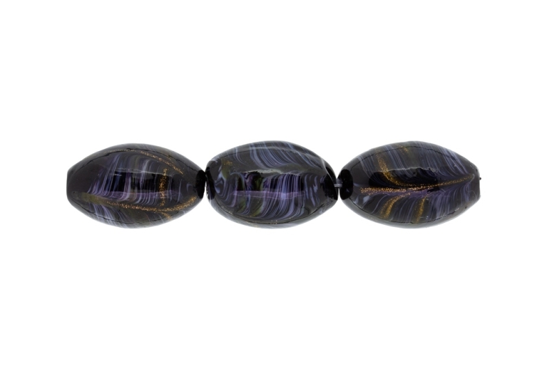 GLASS BEADS - MURANO STYLE - ELLIPSE WITH STRIPES - OPAQUE - 24х16mm BLACK-GRAY (LIGHT)-GOLD - 48pcs. Hole:1.5mm