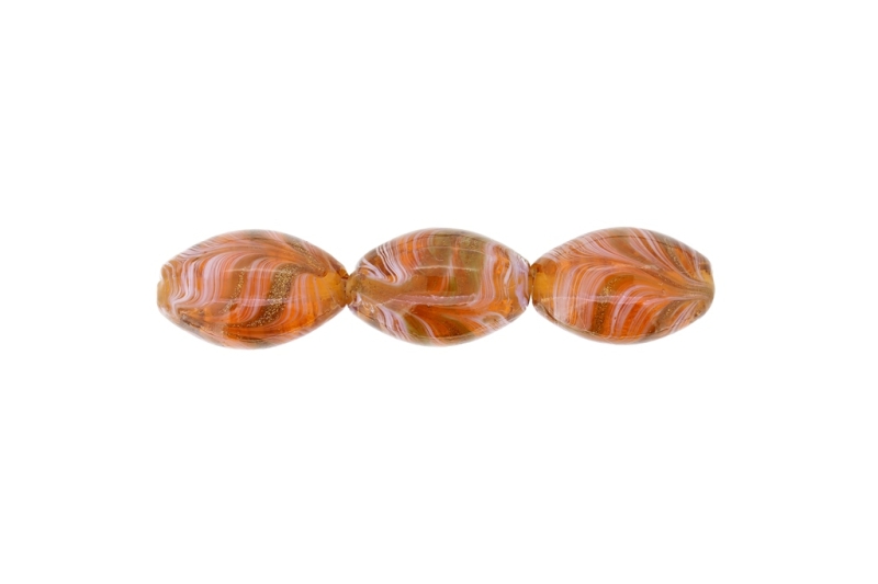 GLASS BEADS - MURANO STYLE - ELLIPSE WITH STRIPES - TRANSPARENT - 24х16mm BROWN-WHITE-GOLD - 48pcs. Hole:1.5mm