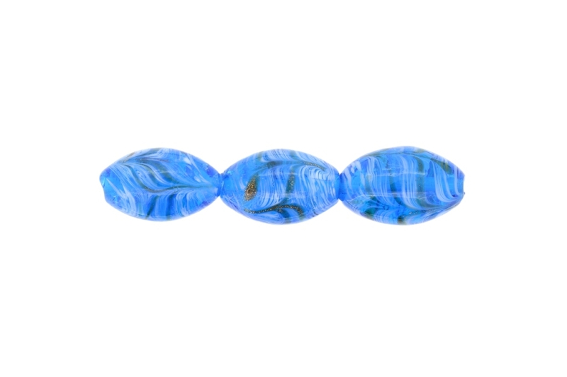 GLASS BEADS - MURANO STYLE - ELLIPSE WITH STRIPES - TRANSPARENT - 24х16mm BLUE-WHITE-GOLD - 48pcs. Hole:1.5mm