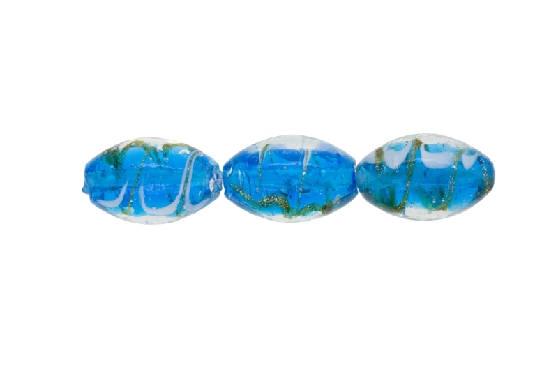 GLASS BEADS - MURANO STYLE - ELLIPSE WITH STRIPES 02 - TRANSPARENT - 24х16mm BLUE SKY (DARK)-WHITE-GOLD - 48pcs. Hole:1.5mm