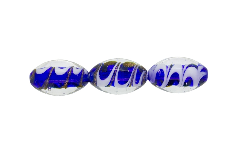 GLASS BEADS - MURANO STYLE - ELLIPSE WITH STRIPES 02 - TRANSPARENT - 24х16mm BLUE (DARK)-WHITE-GOLD - 48pcs. Hole:1.5mm