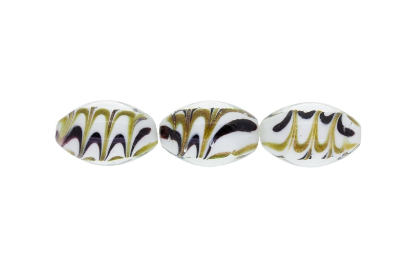 GLASS BEADS - MURANO STYLE - ELLIPSE WITH STRIPES 02 AND WHITE FILLING - 24х16mm WHITE-BLACK AND GOLD - 48pcs. Hole:1.5mm