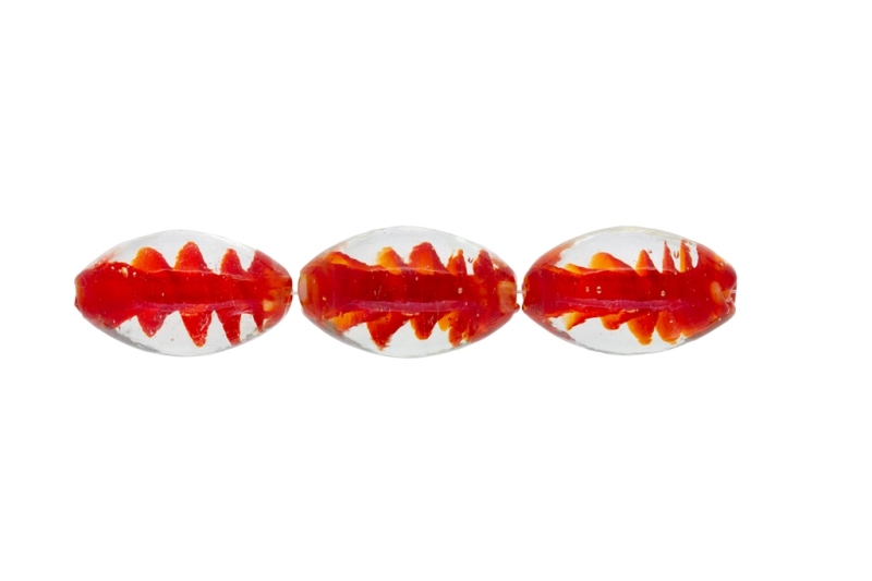 GLASS BEADS - MURANO STYLE - ELLIPSE WITH SPIRAL FILLING - 24х16mm WHITE AND RED - 48pcs. Hole:1.5mm