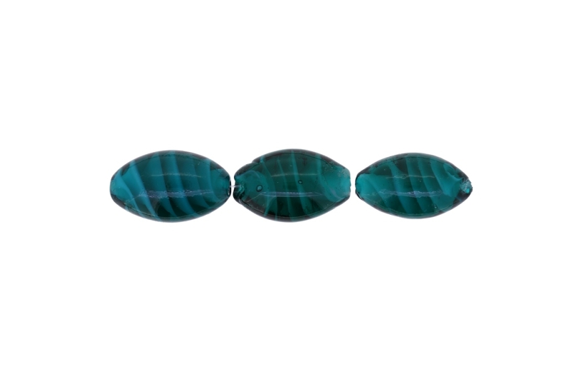 GLASS BEADS - MURANO STYLE - ELLIPSE WITH SPIRAL FILLING - 24х16mm TURQUOISE (DARK) AND WHITE - 48pcs. Hole:1.5mm