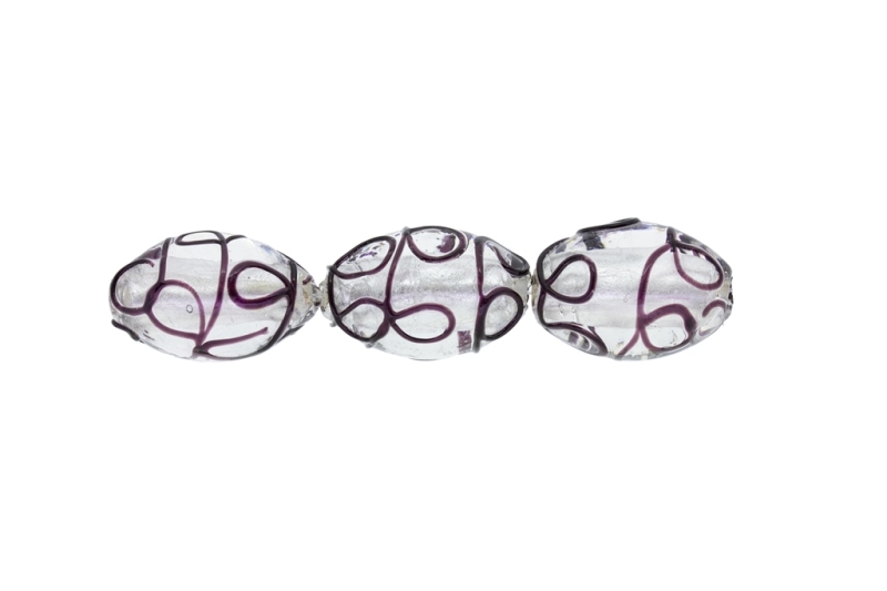 GLASS BEADS - MURANO STYLE - ELLIPSE WITH SILVER FILLING - RELIEF - 24х16mm WHITE AND VIOLET (DARK) - 48pcs. Hole:1.5mm