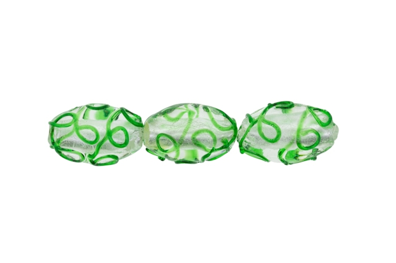 GLASS BEADS - MURANO STYLE - ELLIPSE WITH SILVER FILLING - RELIEF - 24х16mm WHITE AND GREEN (DARK) - 48pcs. Hole:1.5mm