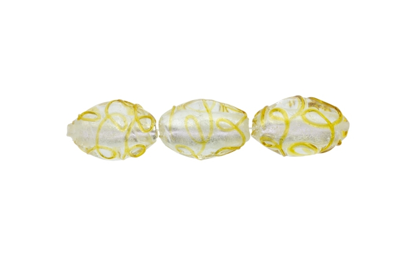 GLASS BEADS - MURANO STYLE - ELLIPSE WITH SILVER FILLING - RELIEF - 24х16mm WHITE AND GOLD - 48pcs. Hole:1.5mm