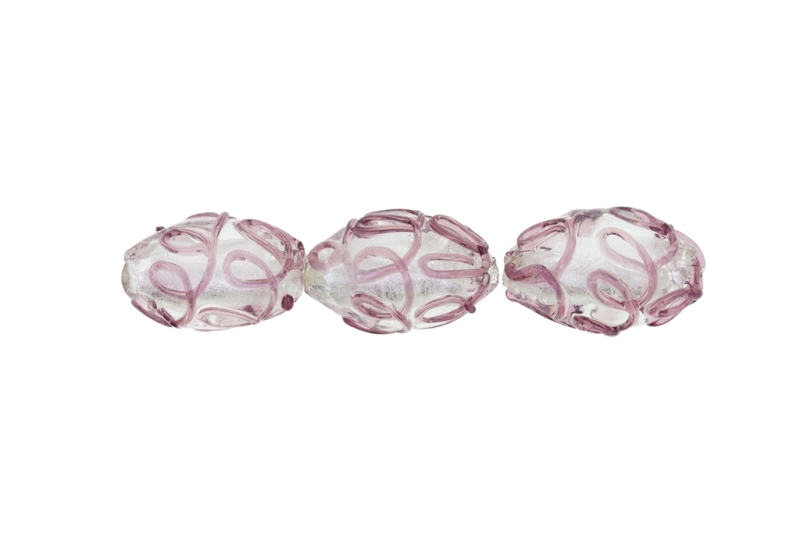 GLASS BEADS - MURANO STYLE - ELLIPSE WITH SILVER FILLING - RELIEF - 24х16mm WHITE AND ROSE DUST (DARK) - 48pcs. Hole:1.5mm