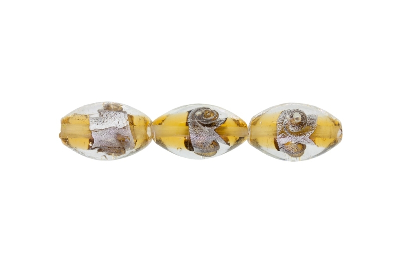 GLASS BEADS - MURANO STYLE - ELLIPSE WITH SILVER FILLING - SPIRAL - 24х16mm WHITE AND AMBER - 48pcs. Hole:1.5mm