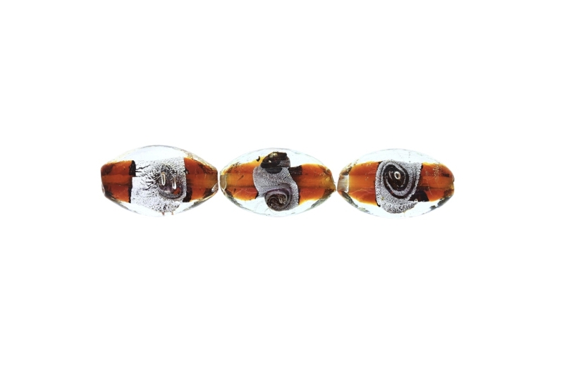 GLASS BEADS - MURANO STYLE - ELLIPSE WITH SILVER FILLING - SPIRAL - 24х16mm WHITE AND AMBER (DARK) - 48pcs. Hole:1.5mm