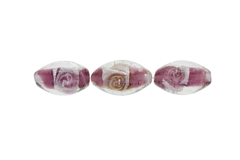 GLASS BEADS - MURANO STYLE - ELLIPSE WITH SILVER FILLING - SPIRAL - 24х16mm WHITE AND ROSE DUST (DARK) - 48pcs. Hole:1.5mm