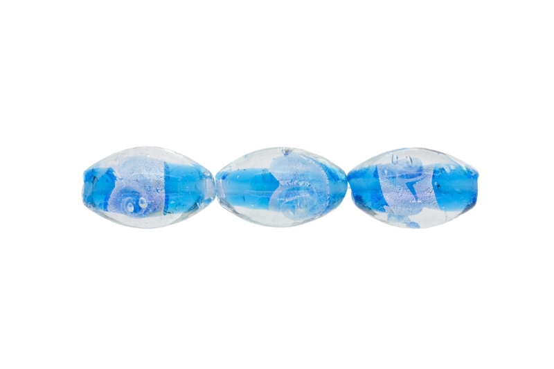 GLASS BEADS - MURANO STYLE - ELLIPSE WITH SILVER FILLING - SPIRAL - 24х16mm WHITE AND BLUE SKY (DARK) - 48pcs. Hole:1.5mm