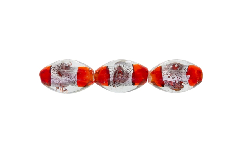 GLASS BEADS - MURANO STYLE - ELLIPSE WITH SILVER FILLING - SPIRAL - 24х16mm WHITE AND RED (LIGHT) - 48pcs. Hole:1.5mm