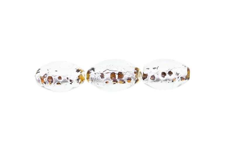 GLASS BEADS - MURANO STYLE - ELLIPSE WITH SILVER FILLING 02 - 24х16mm WHITE AND BROWN - 48pcs. Hole:1.5mm