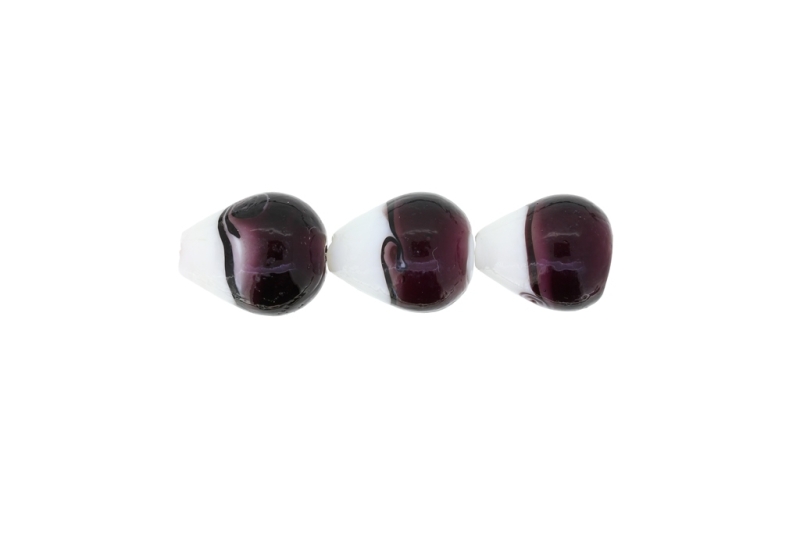 GLASS BEADS - MURANO STYLE - DROP - OPAQUE WITH TRANSPARENT - 22х18mm WHITE AND PURPLE (DARK) - 45pcs. Hole:1.5mm