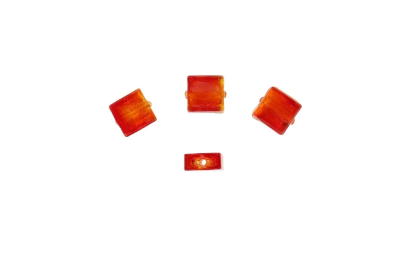 GLASS BEADS - MURANO STYLE - SQUARE WITH SILVER FILLING - 12х12х6mm RED-ORANGE - 150pcs. Hole:1.5mm