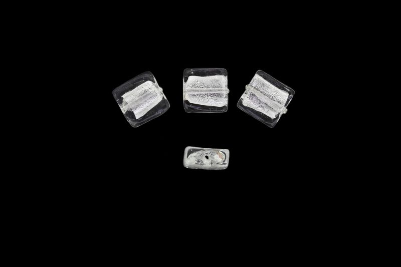 GLASS BEADS - MURANO STYLE - SQUARE WITH SILVER FILLING - 15х15х7mm WHITE - 100pcs. Hole:1.5mm