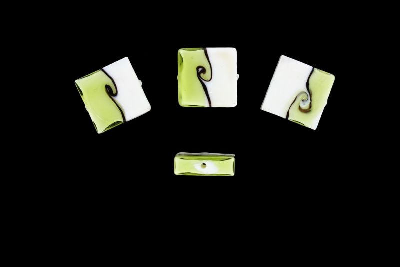 GLASS BEADS - MURANO STYLE - SQUARE - OPAQUE WITH TRANSPARENT - 20х20х7mm WHITE-GREEN-PURPLE (DARK) - 60pcs. Hole:1.5mm
