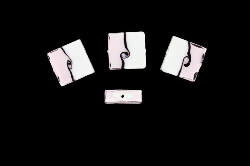 GLASS BEADS - MURANO STYLE - SQUARE - OPAQUE WITH TRANSPARENT - 20х20х7mm WHITE-PINK (LIGHT)-PURPLE (DARK) - 60pcs. Hole:1.5mm