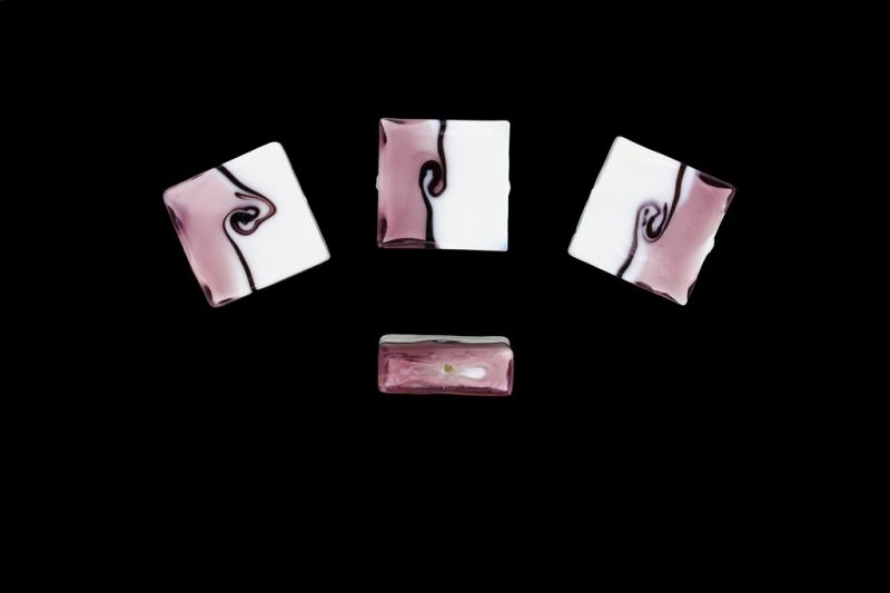 GLASS BEADS - MURANO STYLE - SQUARE - OPAQUE WITH TRANSPARENT - 20х20х7mm WHITE-CYCLAMEN (DARK)-PURPLE (DARK) - 60pcs. Hole:1.5mm