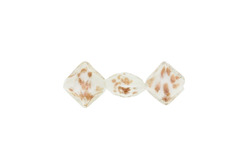 GLASS BEADS - MURANO STYLE - SQUARE FACETED WITH WHITE FILLING AND SPOTS - 18х18х11mm WHITE AND COPPER - 60pcs. Hole:1.5mm