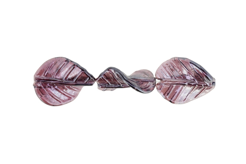 GLASS BEADS - MURANO STYLE - LEAF 01 - TRANSPARENT WITH PEARL FINISH - 31х25mm CYCLAMEN (DARK) - 75pcs. Hole:1.5mm