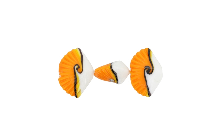 GLASS BEADS - MURANO STYLE - SEA SHELL - OPAQUE - 20х30х14mm WHITE-ORANGE-PURPLE (DARK) - 48pcs. Hole:1.5mm