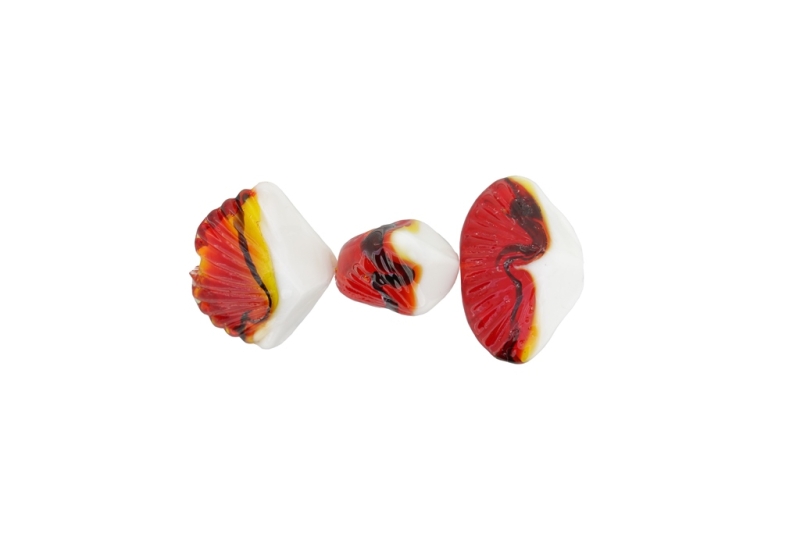 GLASS BEADS - MURANO STYLE - SEA SHELL - OPAQUE WITH TRANSPARENT - 20х30х16mm WHITE-RED (DARK)-PURPLE (DARK) - 48pcs. Hole:1.5mm