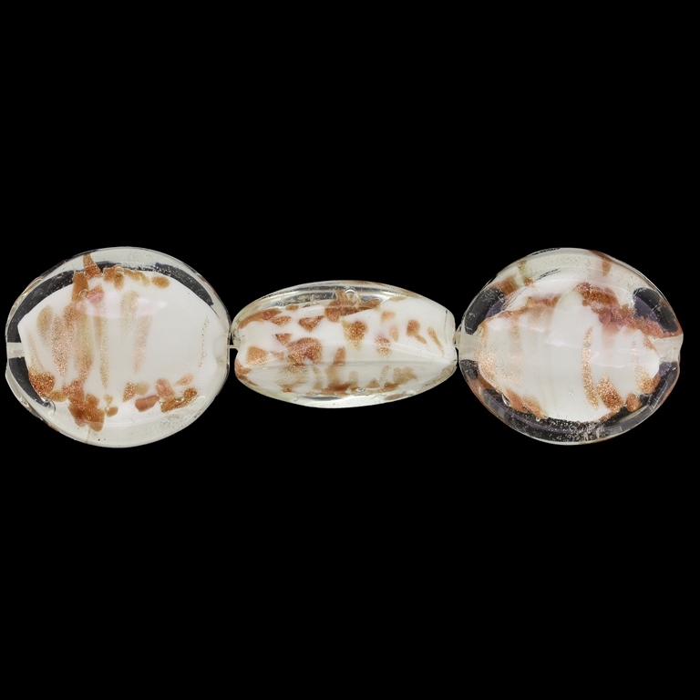 GLASS BEADS - MURANO STYLE - OVAL CONCAVED WITH WHITE FILLING AND SPOTS - 29х25х11mm WHITE AND COPPER - 30pcs. Hole:1.5mm