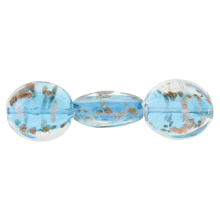 GLASS BEADS - MURANO STYLE - OVAL CONCAVED WITH SPOTS - TRANSPARENT - 29х25х11mm WHITE-BLUE SKY (DARK)-COPPER - 30pcs. Hole:1.5mm